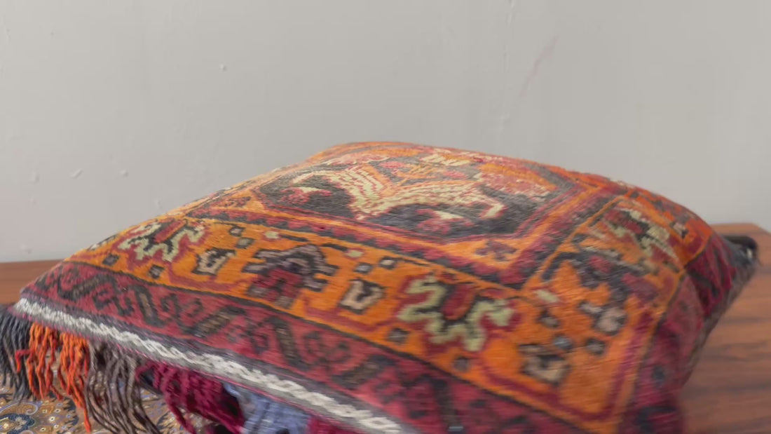 Vintage nomadic floor cushion made of hand-knotted wool, one of a kind